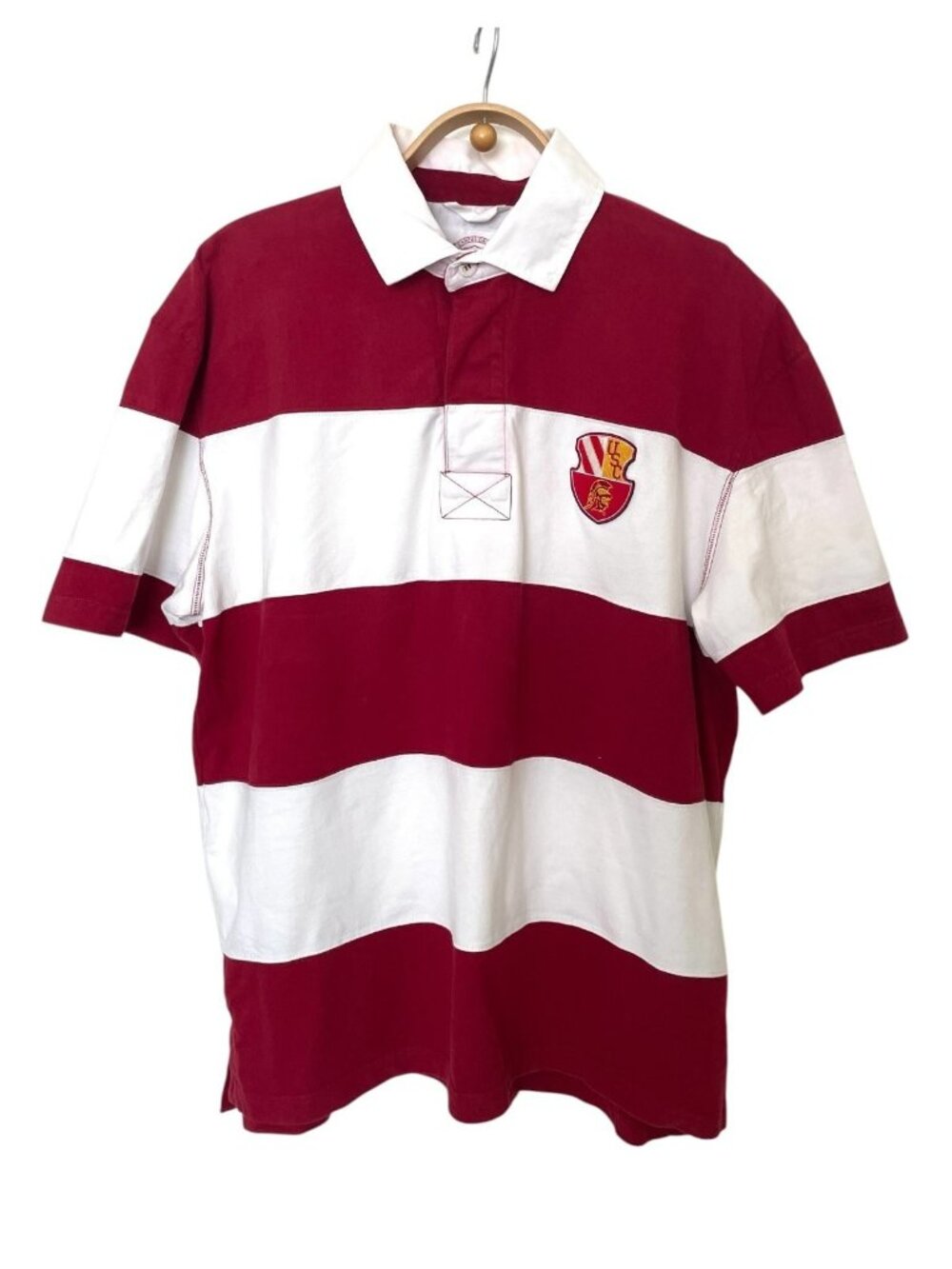 CAMPUS DRIVE Men's Red White Striped USC Polo Rugby Shirt XL Cotton Casual